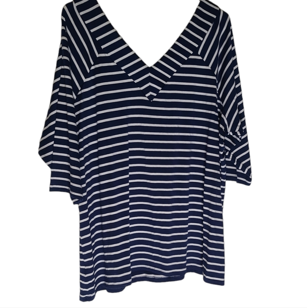 City Chic Navy and White Striped V-Neck Top